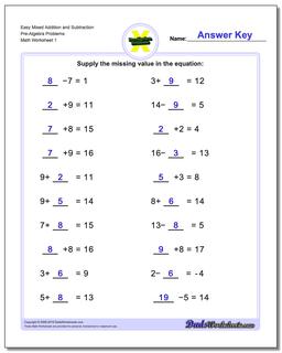 Pre-Algebra Worksheet Easy Mixed Addition and Subtraction Problems