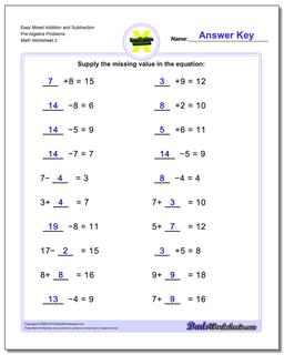 Easy Mixed Addition Worksheet and Subtraction Worksheet Pre-Algebra Problems Worksheet /worksheets/pre-algebra.html