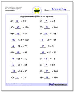 Pre-Algebra Worksheet Mixed Addition and Subtraction Problems (Hard)
