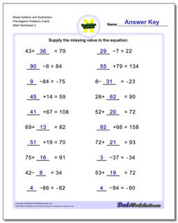 Mixed Addition Worksheet and Subtraction Worksheet Pre-Algebra Problems Worksheet (Hard) /worksheets/pre-algebra.html