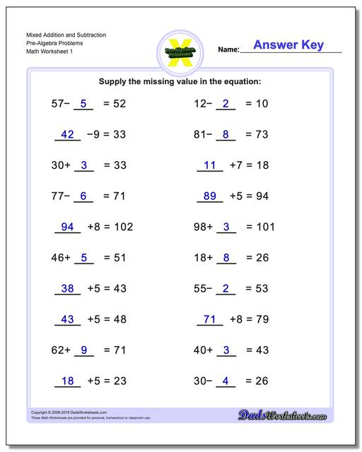 Addition And Subtraction Pre Algebra Worksheets