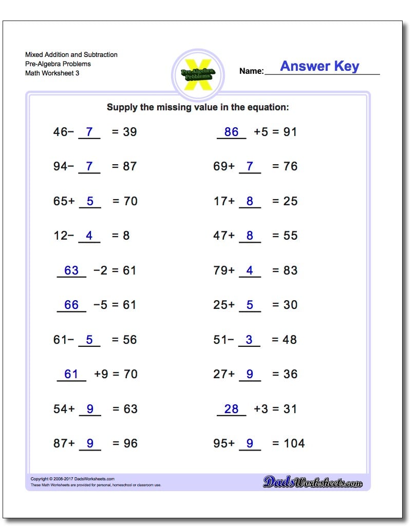 addition-and-subtraction-pre-algebra-worksheets