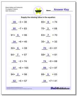 Mixed Addition Worksheet and Subtraction Worksheet Pre-Algebra Problems Worksheet