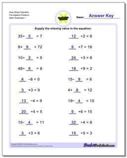 Pre-Algebra Worksheet Easy Mixed Operation Problems
