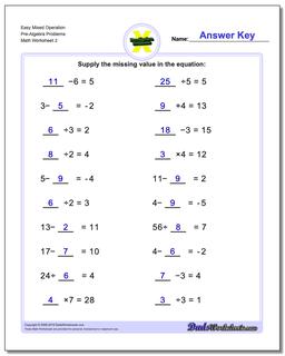 Easy Mixed Operation Pre-Algebra Problems Worksheet /worksheets/pre-algebra.html