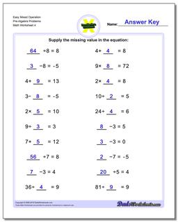 Easy Mixed Operation Pre-Algebra Problems Worksheet