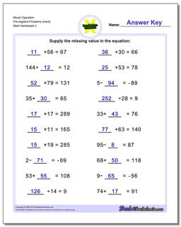 Mixed Operation Pre-Algebra Problems Worksheet (Hard)