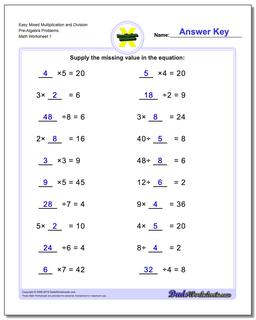 Pre-Algebra Worksheet Easy Mixed Multiplication and Division Problems