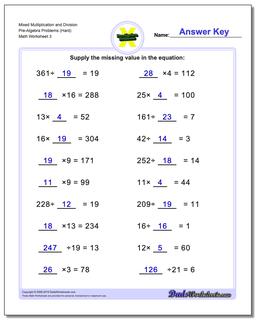 Mixed Multiplication Worksheet and Division Worksheet Pre-Algebra Problems Worksheet (Hard)