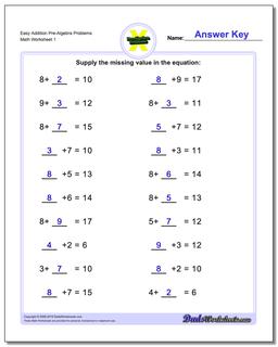 Pre-Algebra Worksheet Easy Addition Problems