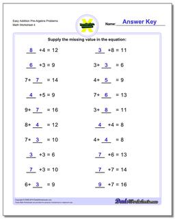 Easy Addition Worksheet Pre-Algebra Problems Worksheet