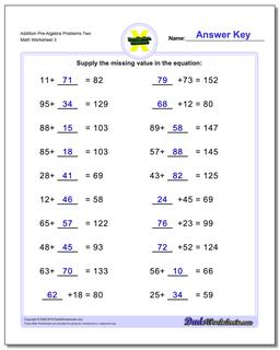 Addition Worksheet Pre-Algebra Problems Worksheet Two