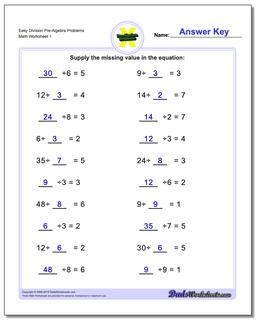Pre-Algebra Worksheet Easy Division Problems