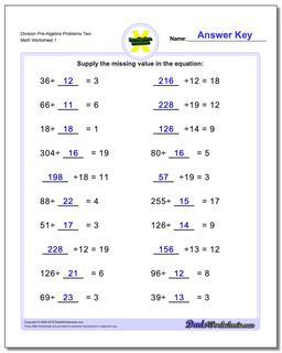 Pre-Algebra Worksheet Division Problems Two