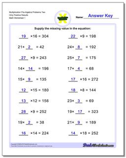 Pre-Algebra Worksheet Multiplication Problems Two Only Positive Results