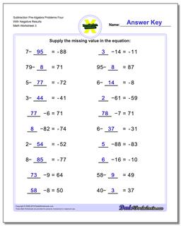 Subtraction Worksheet Pre-Algebra Problems Worksheet Four With Negative Results