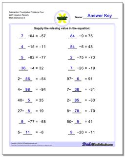Subtraction Worksheet Pre-Algebra Problems Worksheet Four With Negative Results