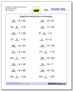 Subtraction Worksheet Pre-Algebra Problems Worksheet Three With Negative Results