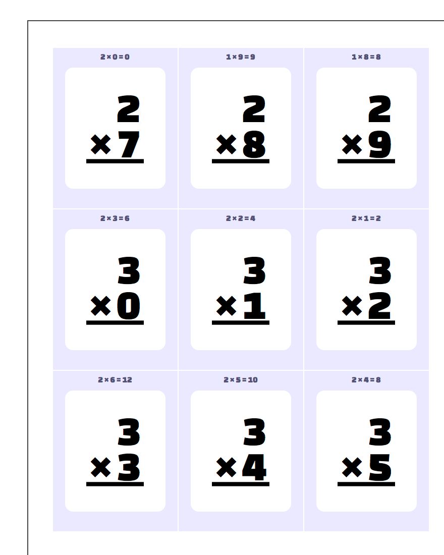 6 multiplication tables flash cards printable