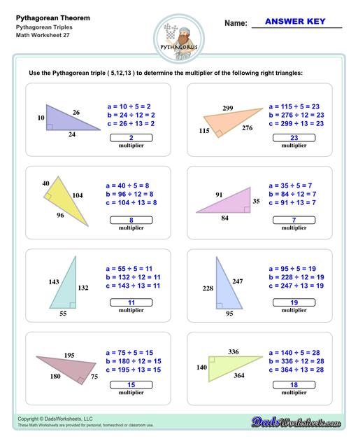 Pythagorean Theorem Triples Worksheets