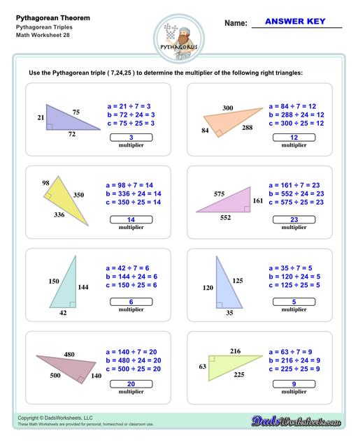 Pythagorean Theorem Triples Worksheets