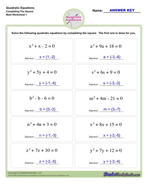 These quadratic equations worksheets cover techniques for finding solutions including completing the square, finding roots and solving by graphing.  Quadratic Equations Completing The Square V1