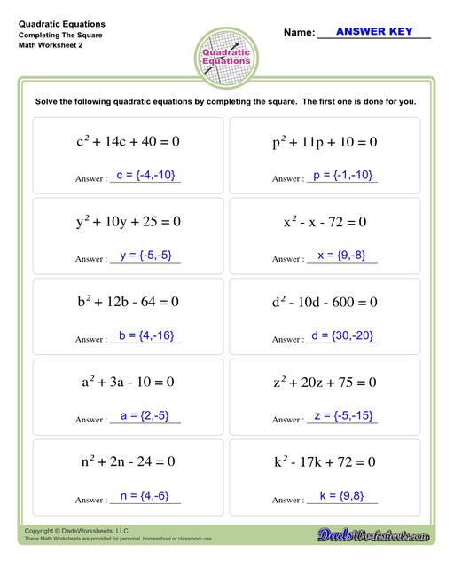 These quadratic equations worksheets cover techniques for finding solutions including completing the square, finding roots and solving by graphing.  Quadratic Equations Completing The Square V2