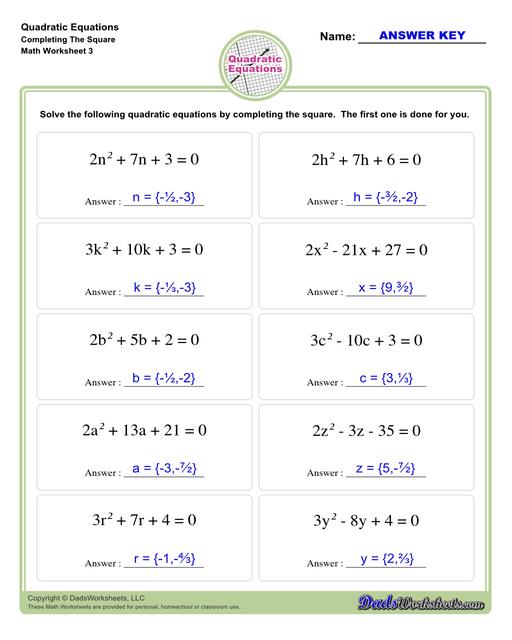 These quadratic equations worksheets cover techniques for finding solutions including completing the square, finding roots and solving by graphing.  Quadratic Equations Completing The Square V3