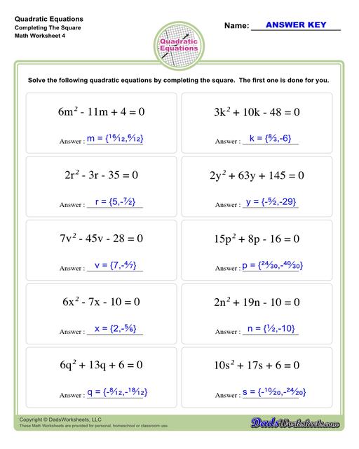 These quadratic equations worksheets cover techniques for finding solutions including completing the square, finding roots and solving by graphing.  Quadratic Equations Completing The Square V4
