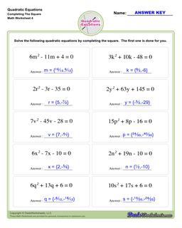 Quadratic Equations Worksheets