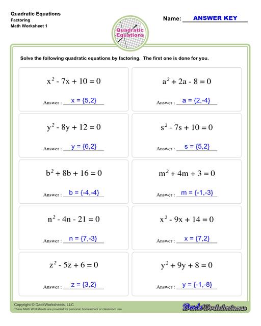 These quadratic equations worksheets cover techniques for finding solutions including completing the square, finding roots and solving by graphing.  Quadratic Equations Factoring V1