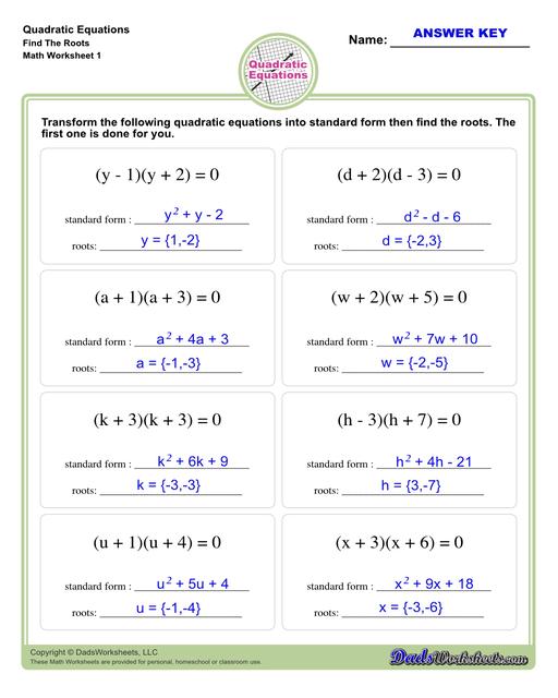 These quadratic equations worksheets cover techniques for finding solutions including completing the square, finding roots and solving by graphing.  Quadratic Equations Find The Roots V1