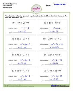 Quadratic Equations Worksheets