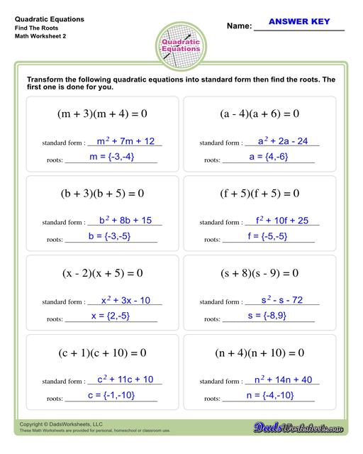 These quadratic equations worksheets cover techniques for finding solutions including completing the square, finding roots and solving by graphing.  Quadratic Equations Find The Roots V2