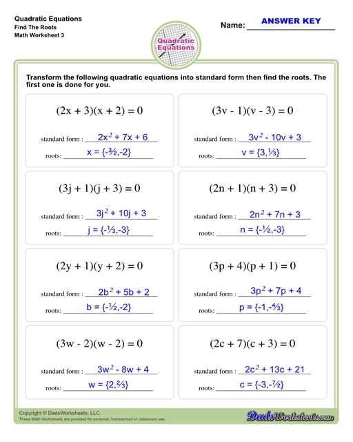 These quadratic equations worksheets cover techniques for finding solutions including completing the square, finding roots and solving by graphing.  Quadratic Equations Find The Roots V3