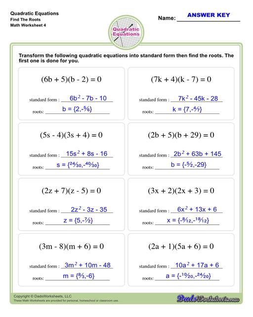 These quadratic equations worksheets cover techniques for finding solutions including completing the square, finding roots and solving by graphing.  Quadratic Equations Find The Roots V4
