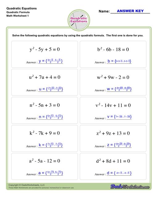 These quadratic equations worksheets cover techniques for finding solutions including completing the square, finding roots and solving by graphing.  Quadratic Equations Quadratic Formula V1
