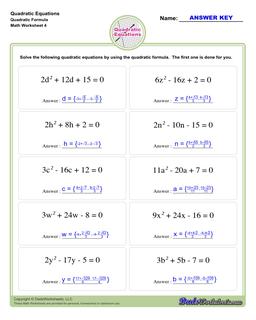 Quadratic Equations Worksheets