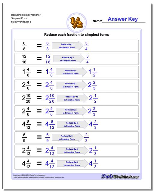 Math Worksheets: Reducing Fractions: Reducing Fractions: Reducing Mixed