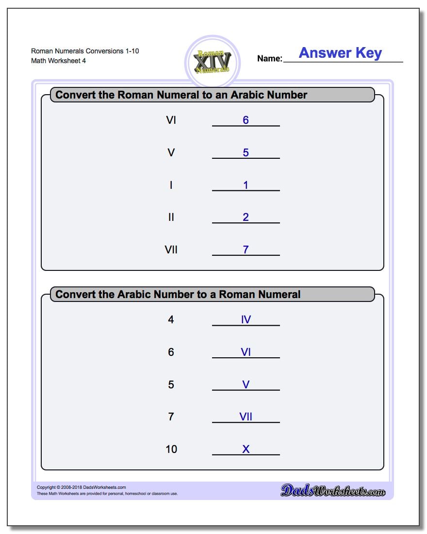 Roman Numeral Worksheets