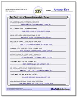 Roman Numerals Random Order to 100 Worksheet