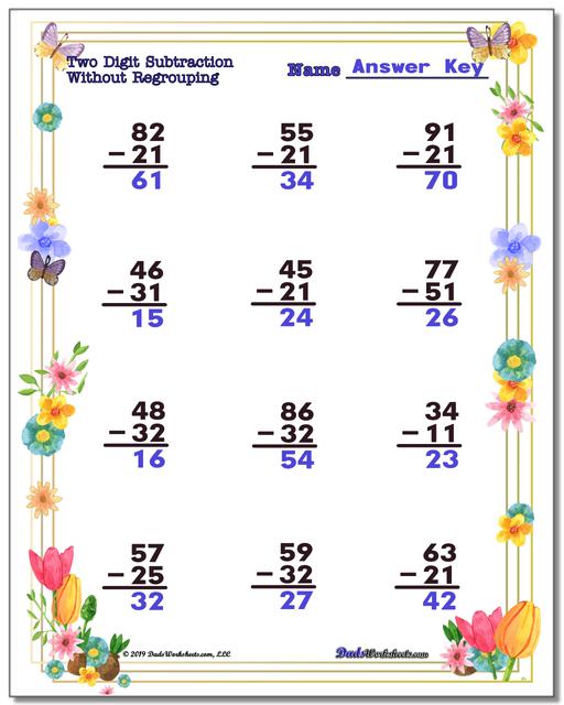 Math Worksheets: Spring: Spring Subtraction Worksheets (Third Worksheet)