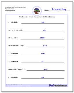 Write Expanded Form Worksheet in Standard Form Mixed Decimals