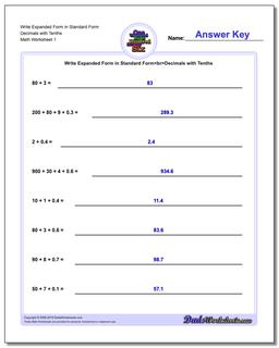 Standard, Expanded and Word Form Worksheet Write in Decimals with Tenths