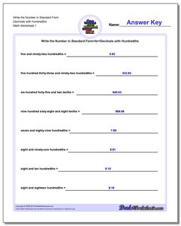 Standard, Expanded and Word Form Worksheet Write the Number in Decimals with Hundredths