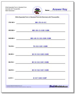 Standard, Expanded and Word Form Worksheet Write in Decimals with Thousandths
