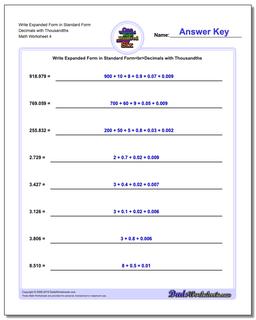 Write Expanded Form Worksheet in Standard Form Decimals with Thousandths