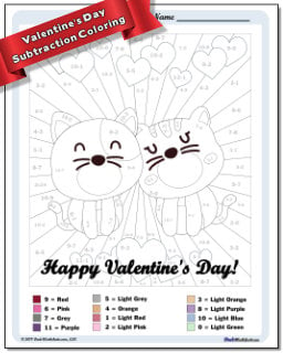 Valentine's Day Subtraction Color by Number Worksheet