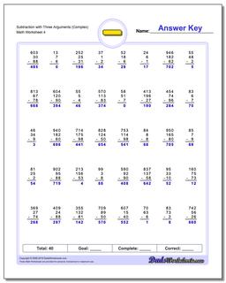 Subtraction Worksheet with Three Arguments (Complex)