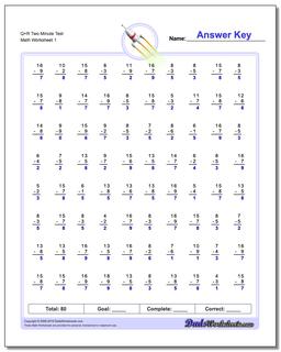 Q+R Two Minute Test Subtraction Worksheet